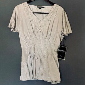 NWT Love Stitch Grey Satin Beaded Embroidered Pleated Blouse Large